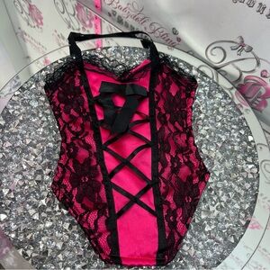 Bag mini corset y2k Women's Hot Pink and Black Lace Satin Teddy Bodysuit bag